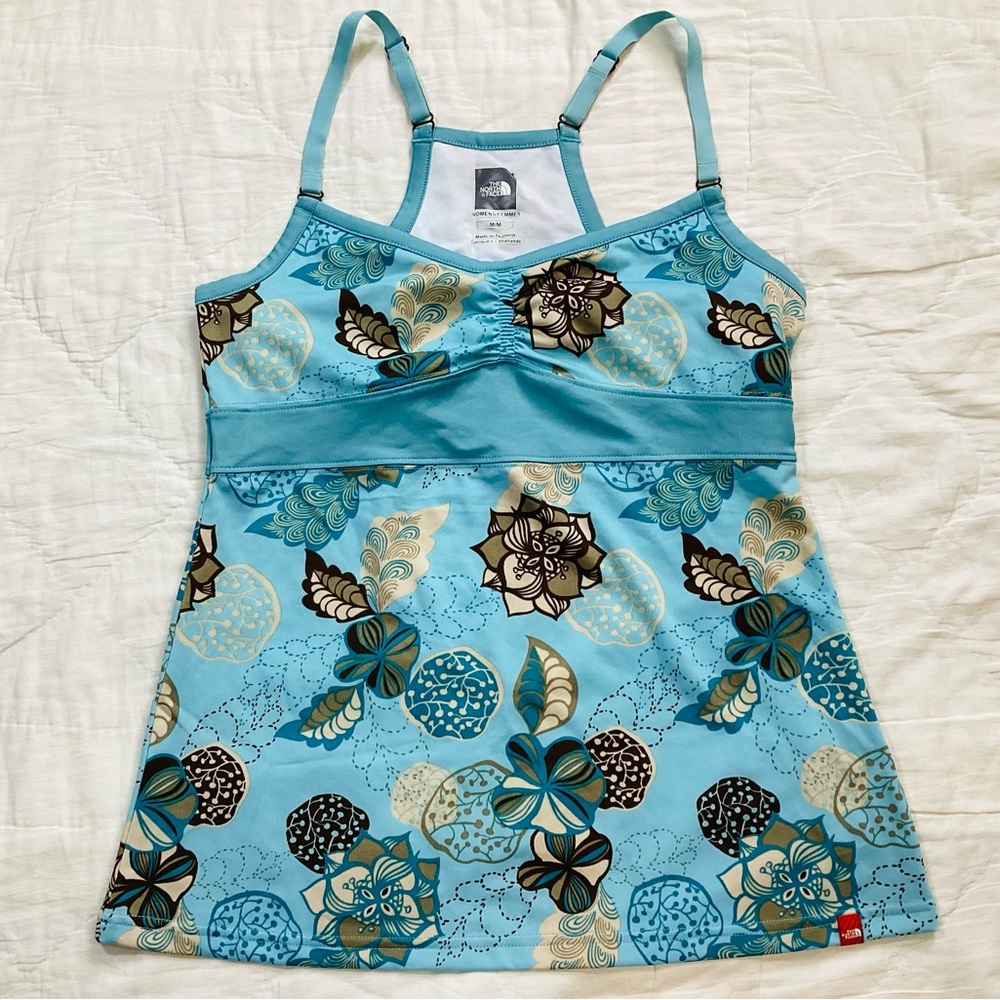 North Face VaporWick Mira Kari Built In Bra Tank Top Blue Floral M - Picture 1 of 8